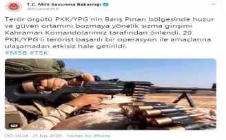 MSB: “20 PKK/YPG’li terörist etkisiz hale getirildi”