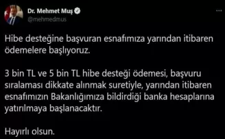 Esnafa 3 bin ve 5 bin liralık hibe desteği ödemeleri yarın başlıyor
