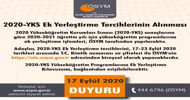 2020-YKS ek yerleştirme tercihleri bugün başladı
