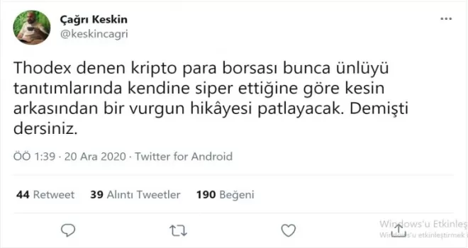 4 ay öncesinden Thodex firmasının dolandırıcı olabileceğini bildi
