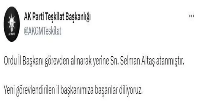AK Parti’den Ordu İl Başkanlığına yeni atama
