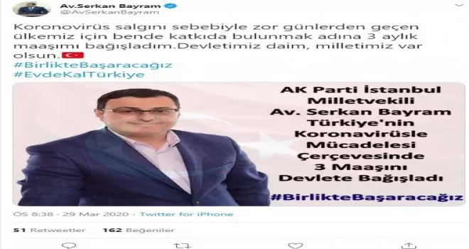 AK Parti İstanbul Milletvekili’nden korona virüsle mücadeleye anlamlı destek
