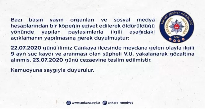 Ankara’da köpeğe eziyet ederek öldüren zanlı tutuklandı
