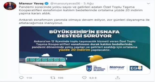 Ankara’da Özel Toplu Taşıma Kooperatifleri esnafı için indirim
