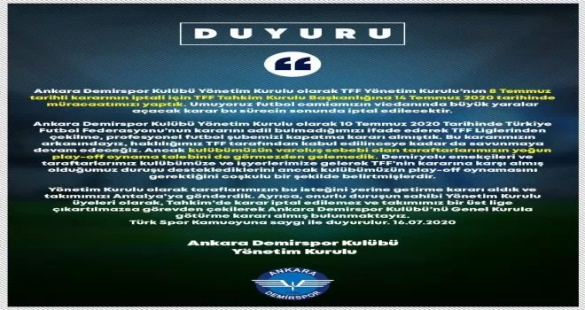 Ankara Demirspor, Play-Off maçlarına çıkma kararı aldı
