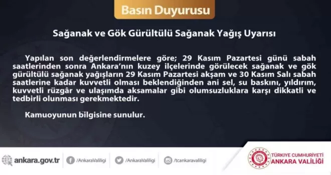 Ankara Valiliği’nden sağanak uyarısı
