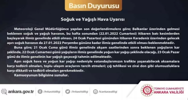 Ankara Valiliğinden soğuk ve yağışlı hava uyarısı
