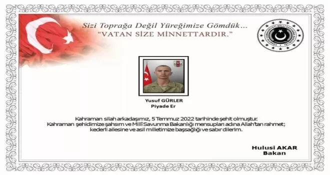 Bakan Akar’dan şehit asker için taziye mesajı
