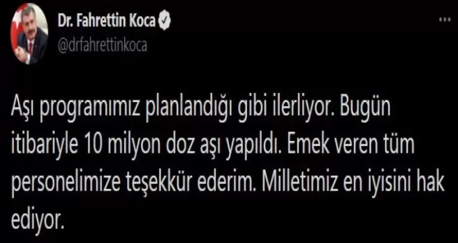 Bakan Koca 10 milyon vatandaşın aşılandığını duyurdu
