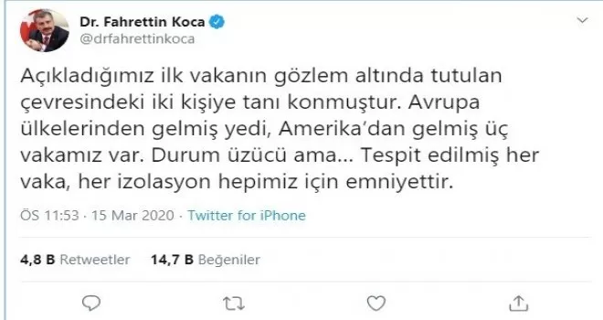 Bakan Koca: “Avrupa’dan 7, Amerika’dan gelmiş 3 vakamız var”
