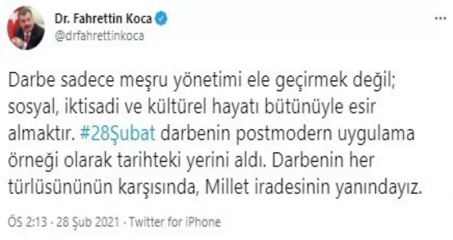 Bakan Koca: "Darbenin her türlüsünün karşısında, millet iradesinin yanındayız"
