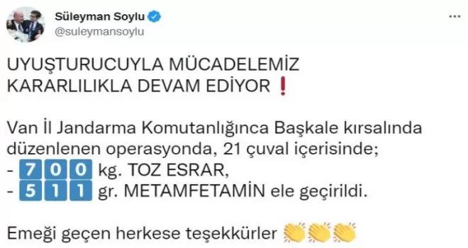 Bakan Soylu duyurdu: Van’da 700 kiloyu aşkın uyuşturucu ele geçirildi
