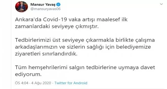 Başkan Yavaş’tan korona virüs uyarısı
