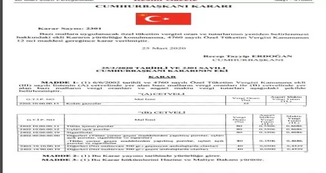 Bazı tütün ürünleri ve kolalı gazozlardaki ÖTV oranları yeniden belirlendi
