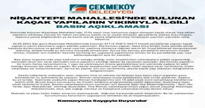Çekmeköy Belediyesi’nden kaçak yapıların yıkımına ilişkin basın açıklaması

