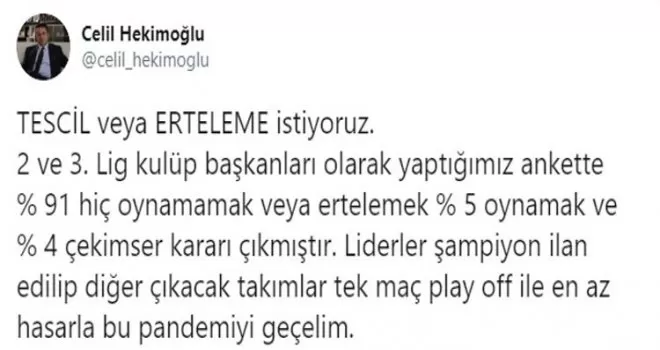 Kulüp Başkanlarının %91'i ligler oynansın istemiyor!