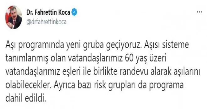 Covid-19 aşılamasında 60 yaş üzeri vatandaşlar için randevu sistemi açıldı

