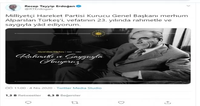 Cumhurbaşkanı Erdoğan’dan, Alparslan Türkeş paylaşımı
