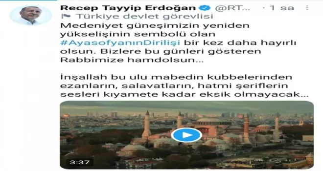 Cumhurbaşkanı Erdoğan’dan Ayasofya paylaşımı
