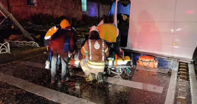 Dolmabahçe’de kontrolden çıkan minibüs önce ağaca sonra direğe çarptı
