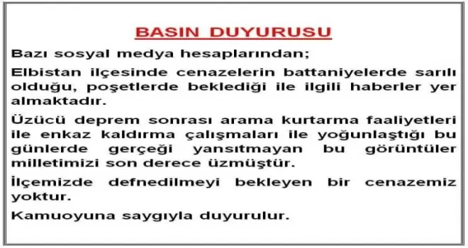 Elbistan Kaymakamlığı: “İlçemizde defnedilmeyi bekleyen bir cenazemiz yoktur“
