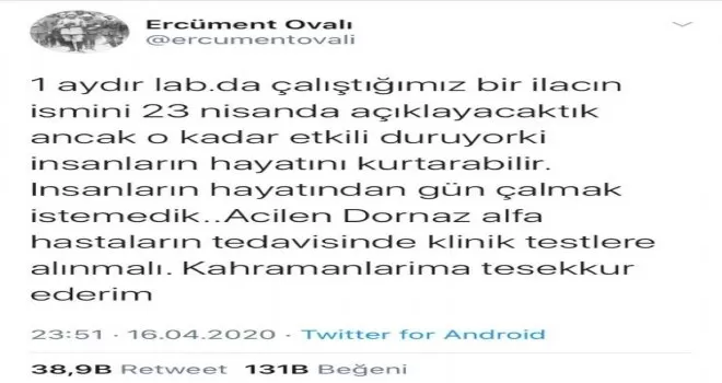 Ercüment Ovalı’dan heyecanlandıran korona virüs ilacı açıklaması
