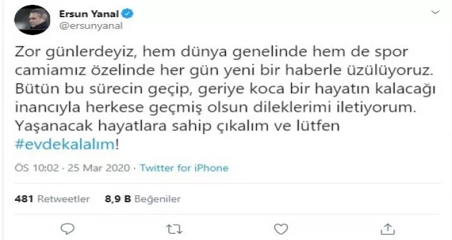 Ersun Yanal’dan ’evde kal’ çağrısı
