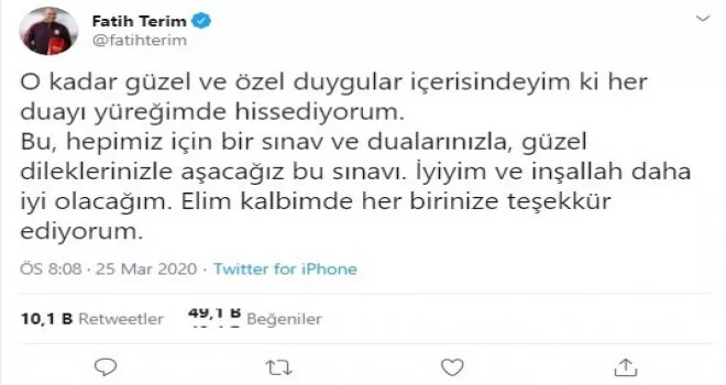 Fatih Terim: “İyiyim ve inşallah daha iyi olacağım“

