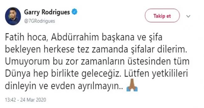 Garry Rodrigues’den Fatih Terim ve Abdurrahim Albayrak’a geçmiş olsun mesajı
