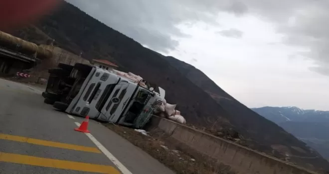Gümüşhane’de saman yüklü tır devrildi: 2 yaralı
