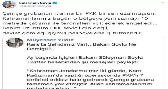 İçişleri Bakanı Soylu’dan Müyesser Yıldız’a tepki
