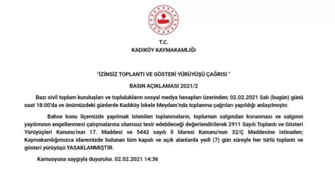 Kadıköy Kaymakamlığı’ndan ’7 günlük yasak’ açıklaması

