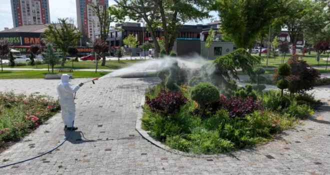 Konya’da yeşil alanları ilaçlamaya devam
