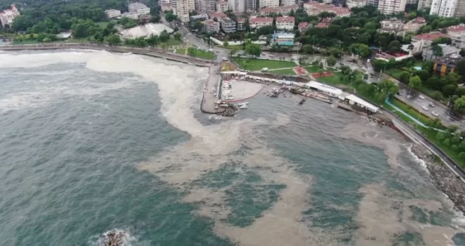 Lodosun kıyıya sürüklediği müsilaj, drone ile havadan görüntülendi
