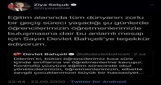 Milli Eğitim Bakanı Selçuk’dan MHP lideri Bahçeli’ye teşekkür mesajı
