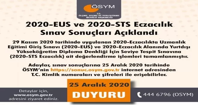 ÖSYM: “2020-EUS ve 2020-STS Eczacılık sınav sonuçları açıklandı.“
