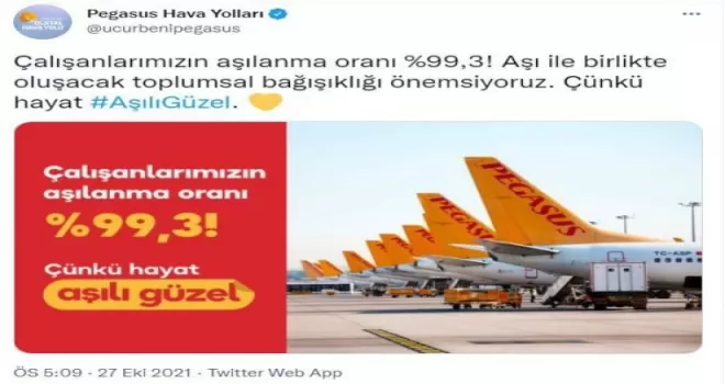 Pegasus çalışanlarının yüzde 99,3’ü aşılandı
