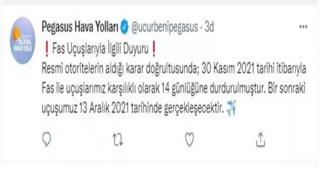 Pegasus, Fas uçuşlarını 14 gün süreyle durdurdu
