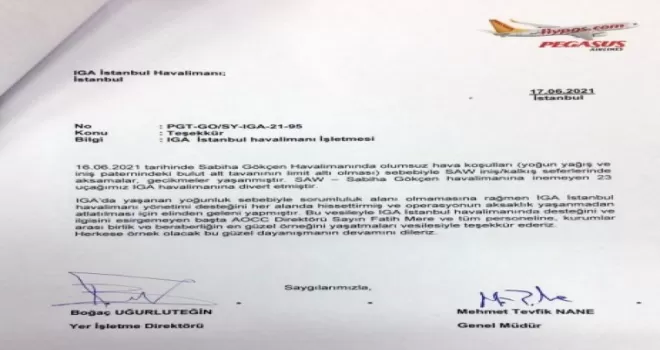 Pegasus’tan İGA’ya teşekkür mektubu

