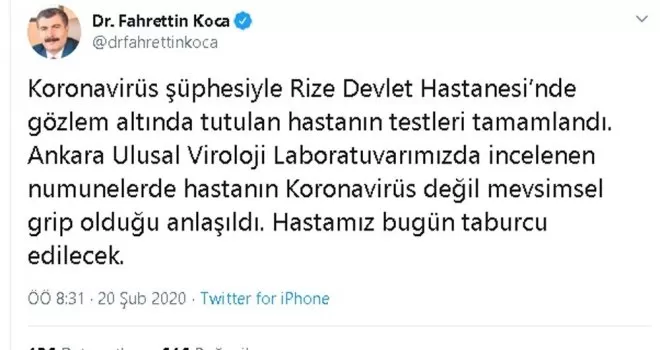 Rize’deki korona virüs şüphesinde sevindirici haber Bakan Koca’dan geldi
