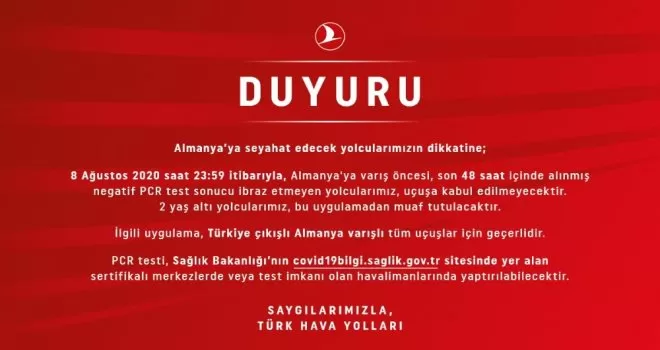 THY’den Almanya’ya seyahat edecek yolculara ’PCR testi’ uyarısı
