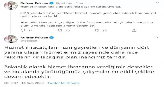 Ticaret Bakanı Pekcan: “Hizmet ihracatında Cumhuriyet tarihi rekorunu kırdık“
