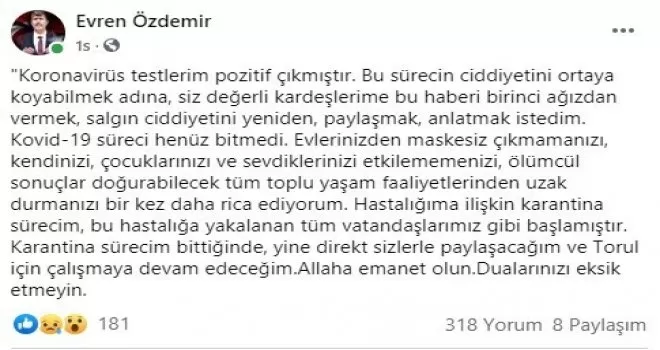 Torul Belediye Başkanı Özdemir Covid-19 olduğunu duyurdu
