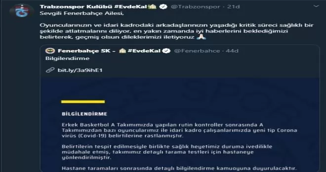 Trabzonspor’dan Fenerbahçe’ye geçmiş olsun mesajı