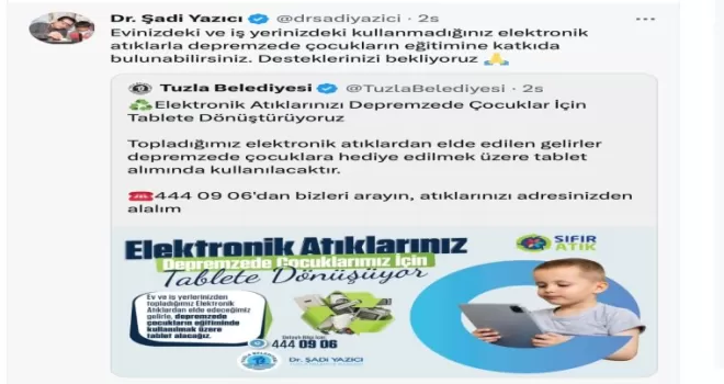 Tuzla Belediyesi’nden deprem bölgesindeki çocuklar için tablet kampanyası
