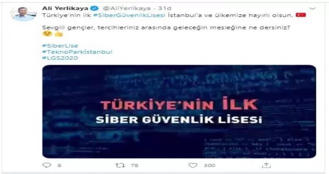 Vali Yerlikaya’dan Siber Güvenlik Lisesi paylaşımı
