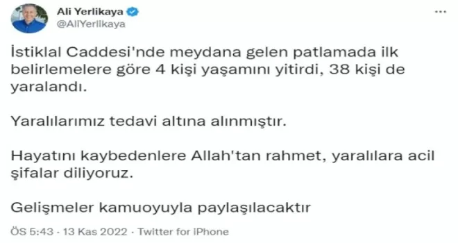 Vali Yerlikaya: "(Taksim’de patlama) 4 kişi yaşamını yitirdi, 38 kişi yaralandı"
