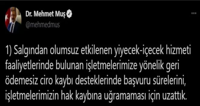 Yiyecek-içecek sektöründe ciro kaybı desteği başvuru süresi uzatıldı
