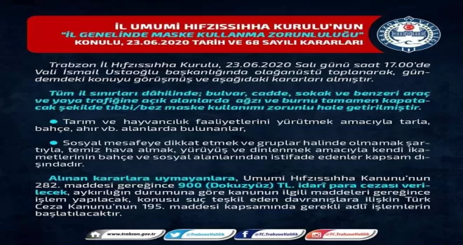 Trabzon il genelinde maske takma zorunluluğu getirildi